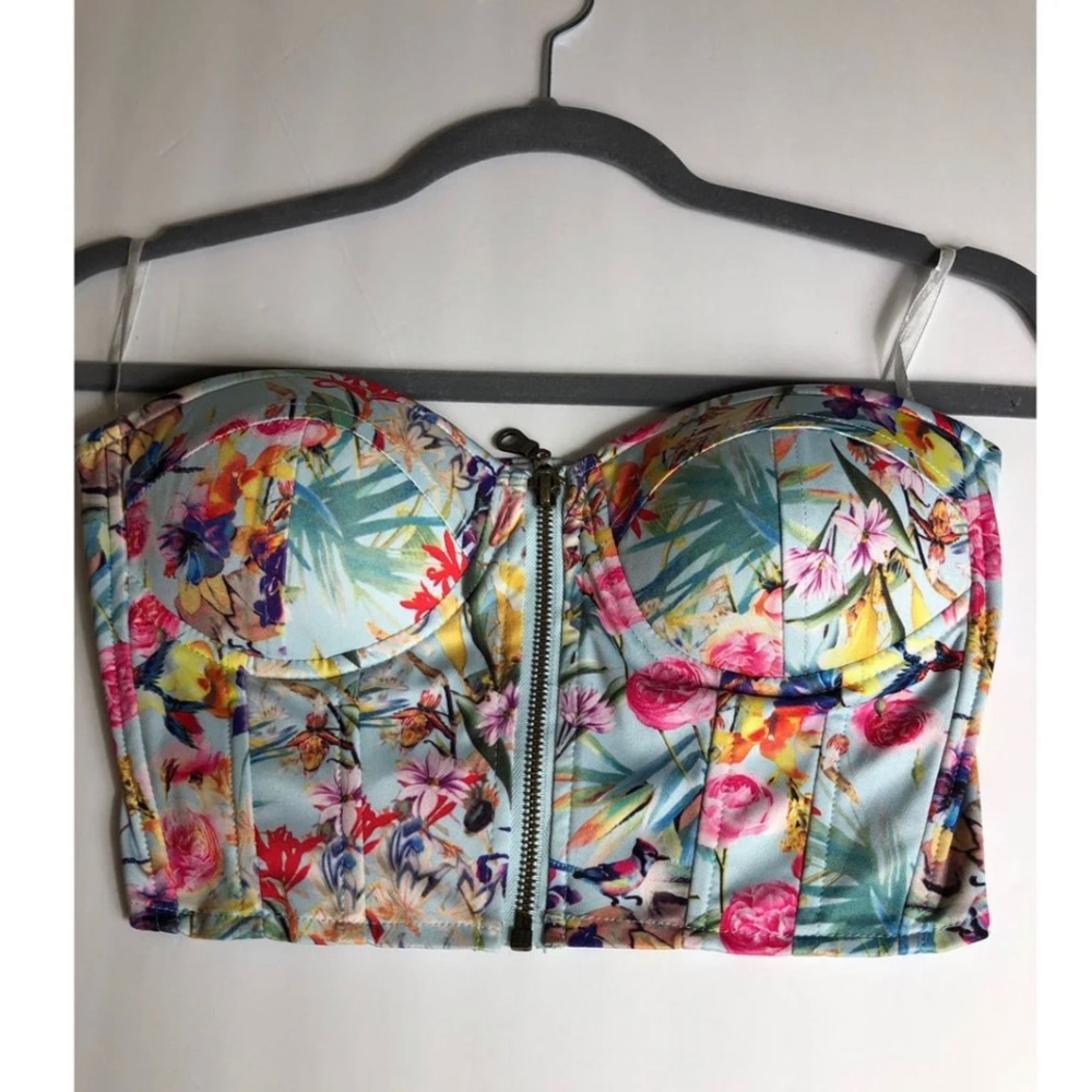 Strapless top blouse blue with flowers